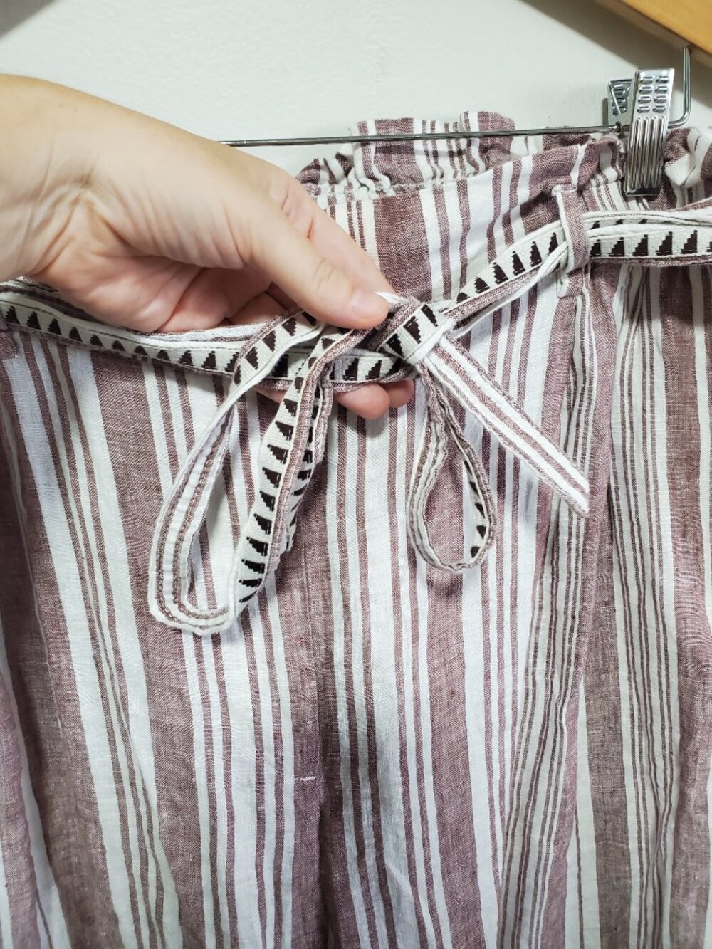 H&M x LEMLEM 100% Linen 28" Paperbag Pants Red White Stripe XL Belt Beach Travel - Picture 3 of 14